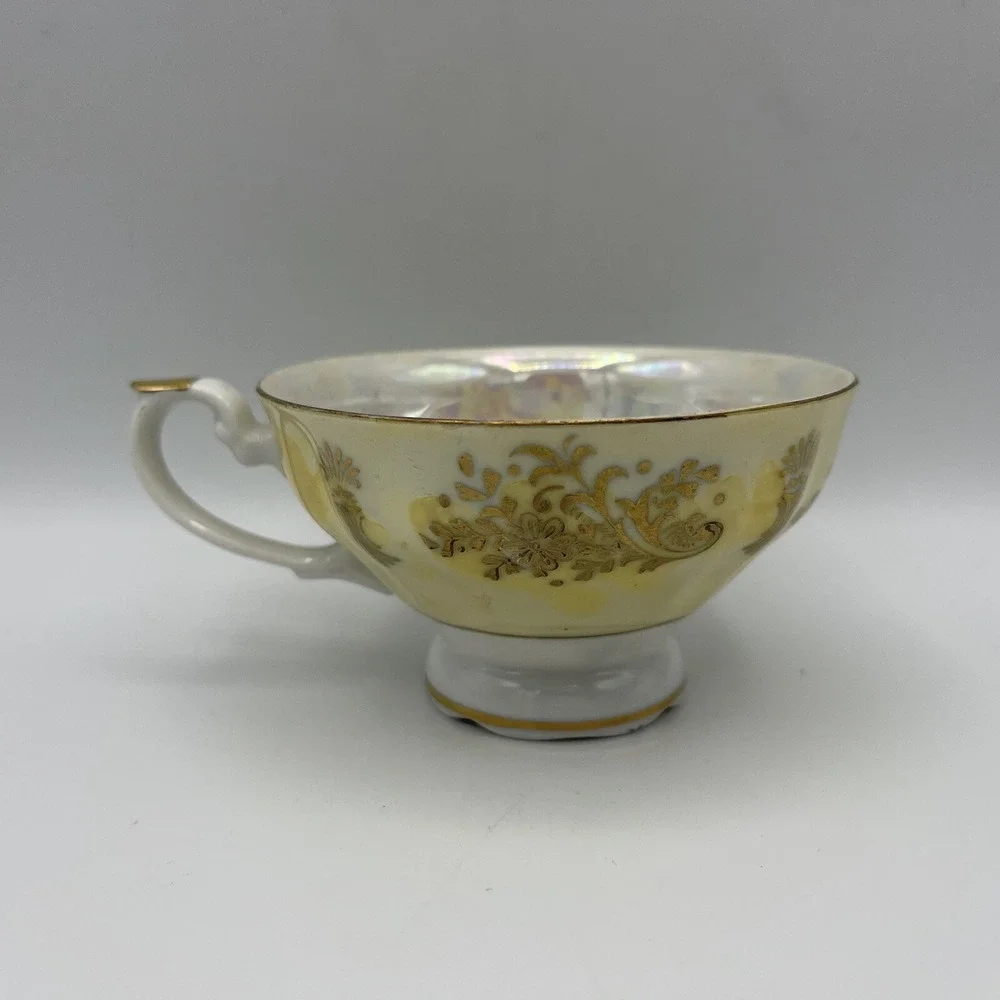 Vintage LM Royal Halsey Very Fine Cup Saucer Pink Roses‎ Yellow Lusterware Gold
